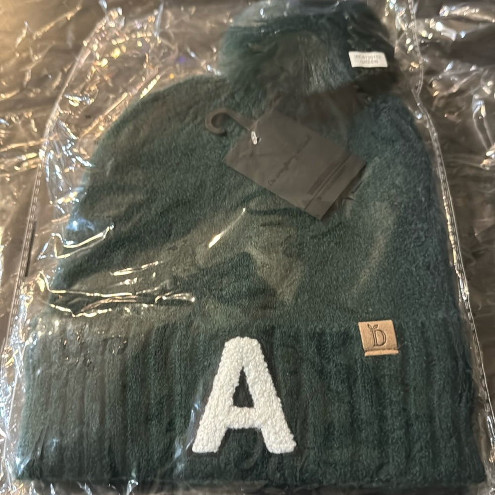 Chenille Letter “A” Ribbed Cuff Beanie with Pom - Cozy & Stylish